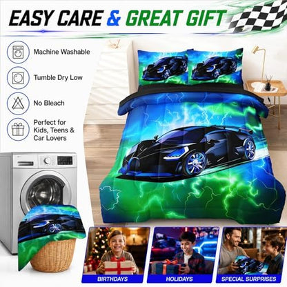 5 Pcs Car Comforter Sets for Boys, Cool Blue Green Lightnings Bed in A Bag Full Size Car Bedding Set for Boys Teens