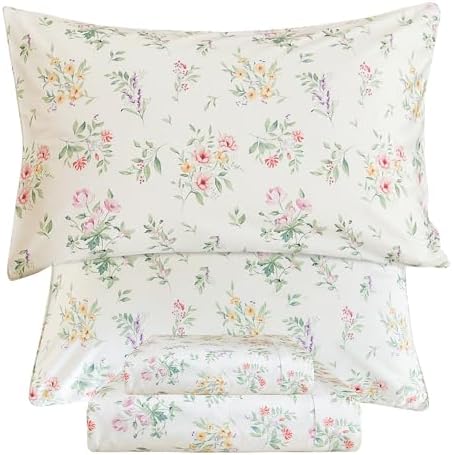 QSH Green Floral Sheets Queen Size,Yellow Flowers Botanical Pattern Printed Bedding Sheets 100% Egyptian Cotton Sheet Queen Size Set Extra Soft and Breathable 17.5" Deep Pockets Bed Sheet 4pcs