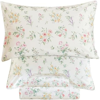 QSH Green Floral Sheets Queen Size,Yellow Flowers Botanical Pattern Printed Bedding Sheets 100% Egyptian Cotton Sheet Queen Size Set Extra Soft and Breathable 17.5" Deep Pockets Bed Sheet 4pcs