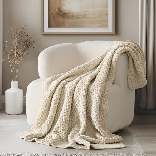 EVERGRACEHOME Chunky Chenille Knit Throw Blanket, 60 x 80, Beige