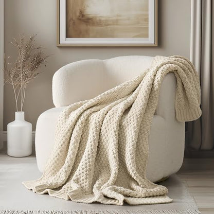 EVERGRACEHOME Chunky Chenille Knit Throw Blanket, 60 x 80, Beige