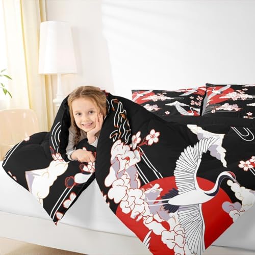 Japanese-Style Comforter Set King Size Pink Cherry Blossoms Bedding for Boys Girls Women Soft Microfiber 3 Pieces Quilted Duvet Ukiyoe Theme Down Comforter Japanese Traditional Pattern Quilt