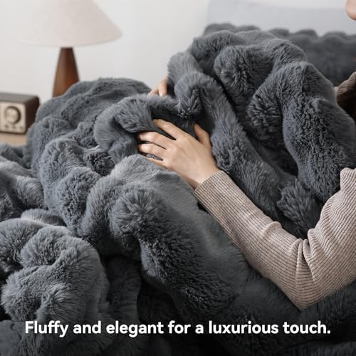 YIKUSH Queen Faux Fur Comforter Set, Fluffy Dark Gray Rabbit Fur Comforter