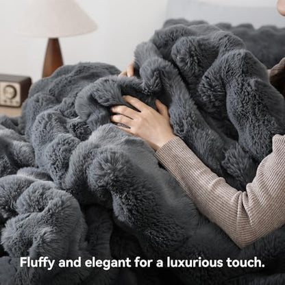 YIKUSH Queen Faux Fur Comforter Set, Fluffy Dark Gray Rabbit Fur Comforter