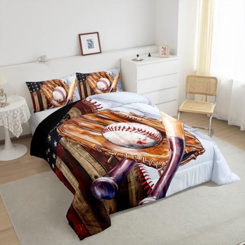 Sports Baseball Comforter Set Toddler Size Vintage Baseball Gloves Bedding Set Bedroom Decor American Flag Wooden Barn Quilt Set for Kids Boys Teens Luxury Marble Breathable Duvet Insert 2Pcs