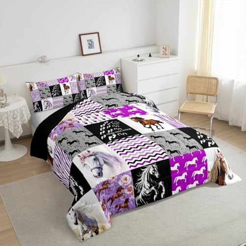 Horse Comforter Set King Western Cowgirl Farm Animal Bedding Set for Kids Girls Teens Women,Black White Zebra Stripe Grid Comforter Boho Arrow Rose Flower Quilted Duvet Sets 2 Pillow Cases Purple