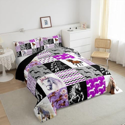 Horse Comforter Set King Western Cowgirl Farm Animal Bedding Set for Kids Girls Teens Women,Black White Zebra Stripe Grid Comforter Boho Arrow Rose Flower Quilted Duvet Sets 2 Pillow Cases Purple