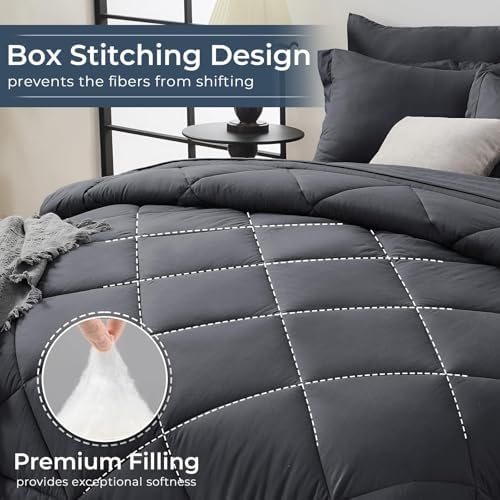 HEVUMYI 7-Piece Oversized King Comforter Set, Dark Grey Bed in a Bag