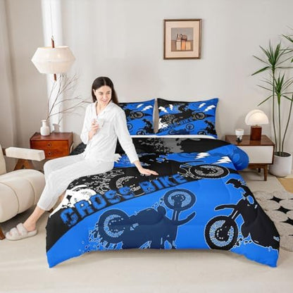 Erosebridal Boys Dirt Bike Bedding Sets Twin Motocross Comforter Set Dirtbike Room Decor for Boys Kids Girls Adult,Rider Motorcycle Bed Set Cool Extreme Sports Comforter Sets 2Pcs,Blue Black