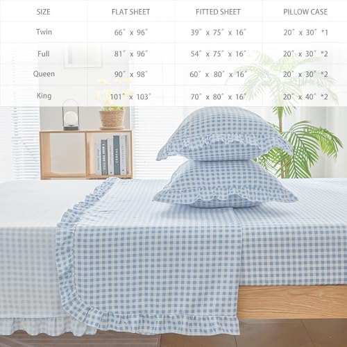 Gingham Queen Sheet Set, Lightweight Super Soft Brushed Microfiber Plaid Bed Sheets with 16" Deep Pocket, 4 Piece Ruffle Farmhouse Bedroom Decor, Light Blue