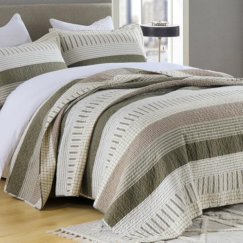 Finlonte 100% Cotton Queen Size Quilt Set, Patchwork Striped Queen Quilt Bedding Set Farmhouse Bedspread, Lightweight Quilted Comforter Reversible Bed Spread for All Season, Green/Brown/Cream, 3 Pcs
