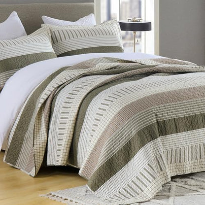 Finlonte 100% Cotton Queen Size Quilt Set, Patchwork Striped Queen Quilt Bedding Set Farmhouse Bedspread, Lightweight Quilted Comforter Reversible Bed Spread for All Season, Green/Brown/Cream, 3 Pcs