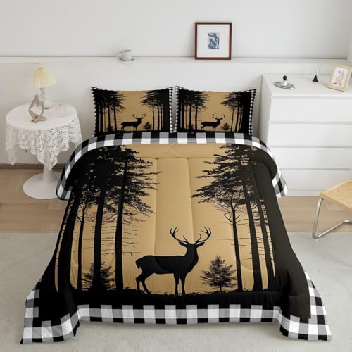 Erosebridal Deer Hunting Down Comforter for Kids, Rustic Elk Moose Quilt Queen Size, Black White Checkered Plaid Bedding Set Country Farmhouse Tree Comforter Set for Boys Teens Adult Bedroom Decor