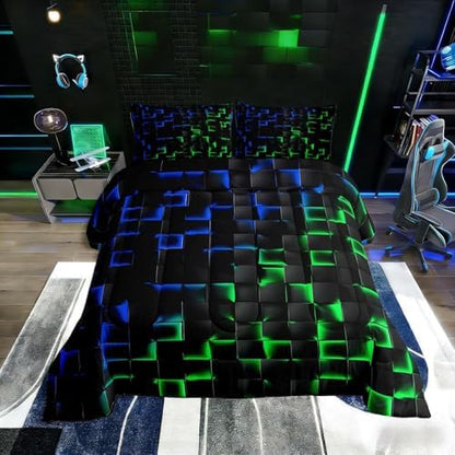 Erosebridal Geometric Checkered Comforter Set Full Neon Blue Green Bedding Set for Kids Boys Teen Gamer Room Decor,Abstract Ombre Plaid Comforter Grids Quilt Duvet Black