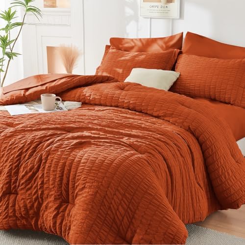 HYMOKEGE Burnt Orange Full Size Comforter Sets Seersucker 7 Pieces, All Season Luxury Bed in a Bag for Bedroom, Bedding Set with Comforters, Sheets, Pillowcases & Shams