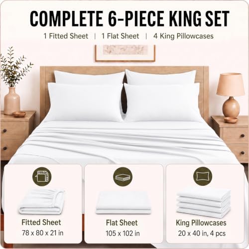 CozyLux King Size Sheets Set 6-Piece, 21-Inch Deep Pocket, Soft Feel