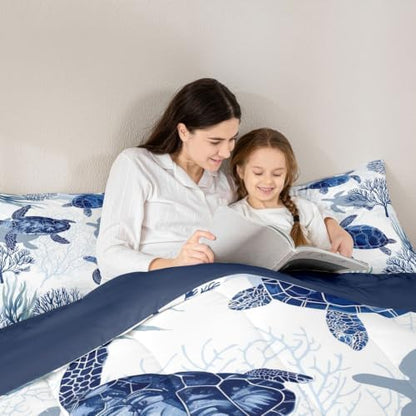 Erosebridal Turtle Comforter Set Queen White Blue Sea Turtle Bedding Set for Kids,Reptile Coastal Tortoise Quilt Hawaiian Beach Theme Comforter for Boys Girls Room