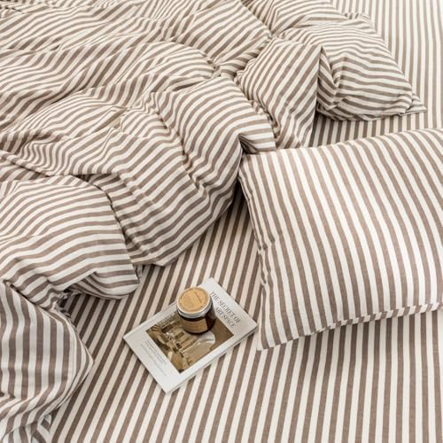 FOSSA Striped Duvet Cover Set 100% Washed Cotton Linen Feel Super Queen