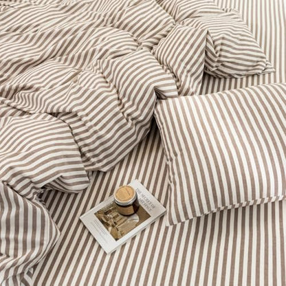 FOSSA Striped Duvet Cover Set 100% Washed Cotton Linen Feel Super Queen
