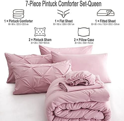 Ubauba 7pc Pink Queen Comforter Set, Pintuck Bed in a Bag Blush Bed Set with Comforters and Sheets 7 Piece, All Season Pinched Bedding Sets for Women (Pink,Queen Size)