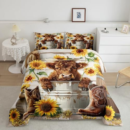 jejeloiu Funny Highland Cow Comforter Set Queen Size Kids Highland Cattle Sunflower Bedding Set Boys Girls Farmhouse Rustic Duvet Breathable Western Quilt Bedroom Decor,1 Comforter with 2 Pillowcase
