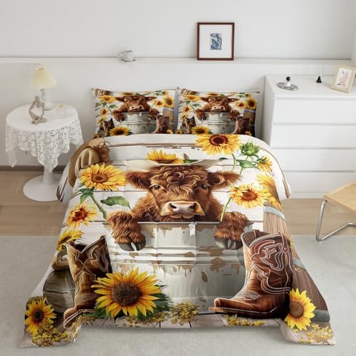 jejeloiu Funny Highland Cow Comforter Set Twin Size Kids Highland Cattle Sunflower Bedding Set Boys Girls Farmhouse Rustic Duvet Breathable Western Quilt Bedroom Decor,1 Comforter with 1 Pillowcase