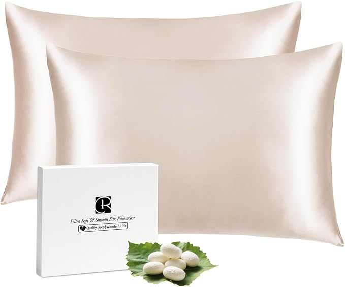 Ravmix Silk Pillow Cases 2 Pack with Zipper, 21momme Mulberry Silk Pillowcase for Hair Skin, Soft Smooth Breathable Cool Pillow Cover for Beauty Sleep with Gift Box(Standard 20"x26", Cream Beige)