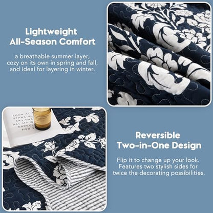 Navy Blue Quilt Set King Size, 100% Cotton Reversible Quilt Set