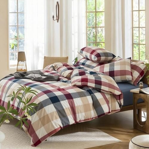 Buffalo Plaid Duvet Cover Set 3 Piece 100% Washed Cotton Linen Feel Farmhouse Bedding Comfy Breathable (Red Blue Buffalo Plaid, King)