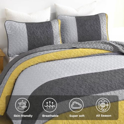 Cottolester Boho King Size Quilt Set,Yellow Grey Striped Bedsperad Coverlet