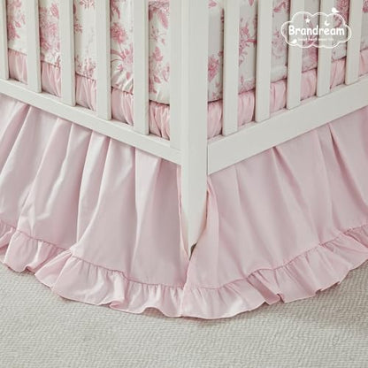 Brandream French Country Toile Crib Bedding Set for Girls Pink Grandmillennial Toile Vintage Floral Print 100% Cotton Baby Girl Nursery Bedding - Ruffles Quilt,Toile Crib Sheet,Crib Bed Skirt,3 Pieces