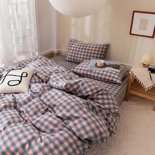 mixinni Plaid Comforter Set Queen - 3 Piece Soft Geometric Checkered Comforter with 2 Pillow Shams, Modern Gingham Pattern Bedding Set for All Season, Breathable & Soft Cozy (Pink, Purple, Blue)