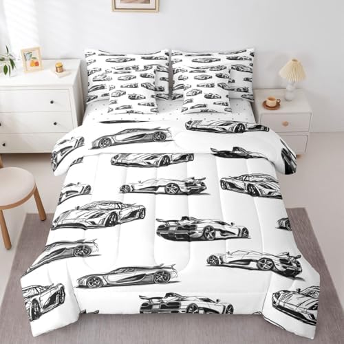 Feelyou Race Car Full Comforter Set with Sheets for Kids Boys Girls Black White Speed Sports Car 7 Pieces Bedding Set Extreme Sports Bed in a Bag Room Decor Soft Lightweight Microfiber