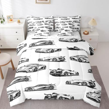 Feelyou Race Car Full Comforter Set with Sheets for Kids Boys Girls Black White Speed Sports Car 7 Pieces Bedding Set Extreme Sports Bed in a Bag Room Decor Soft Lightweight Microfiber