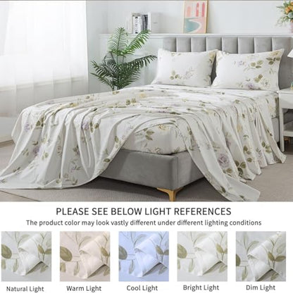 FADFAY King Sheets Set Percale Cotton Floral Bed Sheets Deep Pocket Fitted Sheet, Luxury Vintage Roses Flower Printed Shabby Bedding for All Season,Super Soft Crisp & Breathe,4pcs