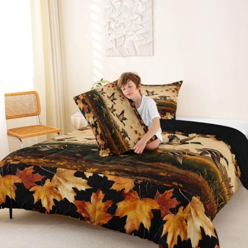 Feelyou Mallard Duck Bedding Set Soft for Boys Girls, Wild Duck Hunting Comforter Set Full Size Cabin Farmhouse Duvet Quilt Microfiber Maple Leaf Bedroom Decor 3 Pcs with 2 Pillow Cases