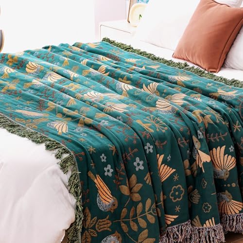 VANJOROY Boho Throw Blanket, 100% Organic Cotton Breathable Ultra Soft 91" x 108" King Bed Quilt Throw - Floral Rustic Bird Farmhouse Decor Luxury Blanket for Sofa Couch Chair and Gift,Teal/Beige