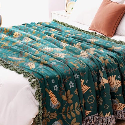 VANJOROY Boho Throw Blanket, 100% Organic Cotton Breathable Ultra Soft 91" x 108" King Bed Quilt Throw - Floral Rustic Bird Farmhouse Decor Luxury Blanket for Sofa Couch Chair and Gift,Teal/Beige