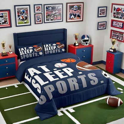Feelyou Football Comforter Set Queen Size Kids Basketball Baseball Soccer Comforter for Boys Girls Sports Theme Bedding Set Breathable Soft Navy Blue Duvet Quilted Ball Game Room Decor