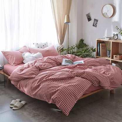 mixinni Red Gingham Comforter Set King, Plaid Comforter Set 3 Pieces 1 Red Grid Comfoter with 2 Pillow Cases for All Seasons, Soft Fluffy Modern Grid Pattern Printed Bedding-King Size
