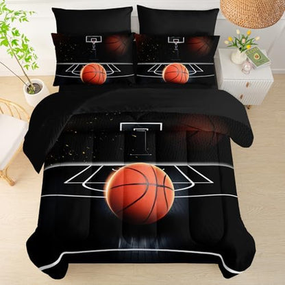 QOOMO Basketball 7 Pieces Comforter Set King,3D Sports Bedding Set for Kids