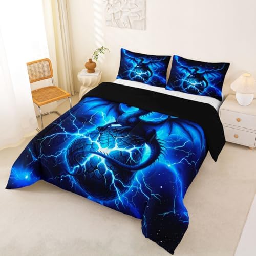 Feelyou Dragon Kids Comforter Set King Size Chic Outer Space Starry Sky Bedding Set ungle Animals Dragon Duvet Quilt for Kids Boys Girls Bedroom Black Blue Decor Microfiber Ultra Soft Breathable
