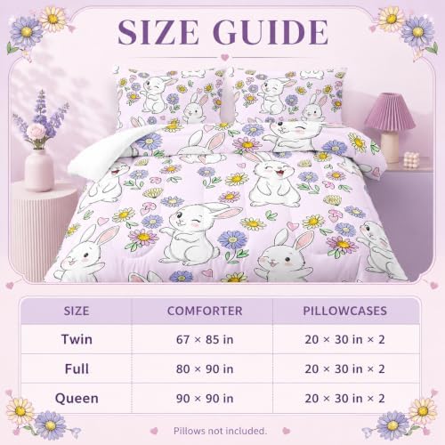AILONEN Rabbit Comforter Set Twin Size, Cute Bunny Bedding Set,Girls Kids Kawaii Comforter Set,Colorful Daisy Floral Duvet Set 3 Pieces, 1 Quilt and 2 Pillowcases