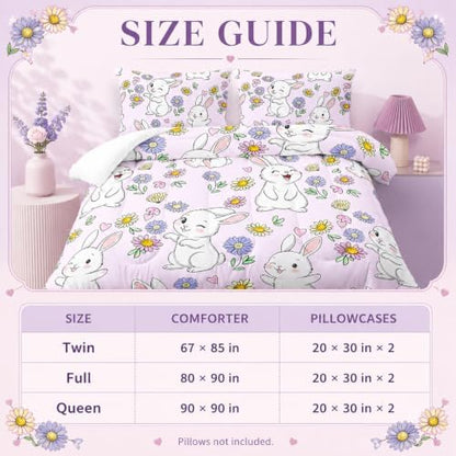 AILONEN Rabbit Comforter Set Full Size, Cute Bunny Bedding Set,Girls Kids Kawaii Comforter Set,Colorful Daisy Floral Duvet Set 3 Pieces, 1 Quilt and 2 Pillowcases