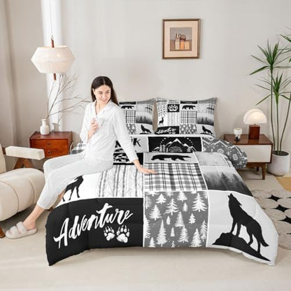 Manfei Deer Bear Comforter Set Twin Size,Pine Trees Christmas Bedding Set for Kids Boys Girls Adults Room Decor,Camping Adventure Rustic Farmhouse Down Comforter,Black Retro Duvet Insert,1 Pillowcase