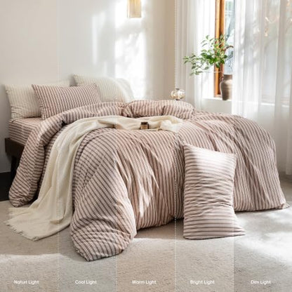 FOSSA Striped Duvet Cover Set 100% Washed Cotton Linen Feel Queen