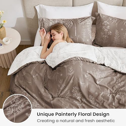 Love's cabin Light Taupe Comforter Set Queen - Queen Size Comforter Set, 3 Pieces Cute Floral Bedding Sets for All Seasons,1 Soft Reversible Botanical Flowers Comforter and 2 Pillow Shams
