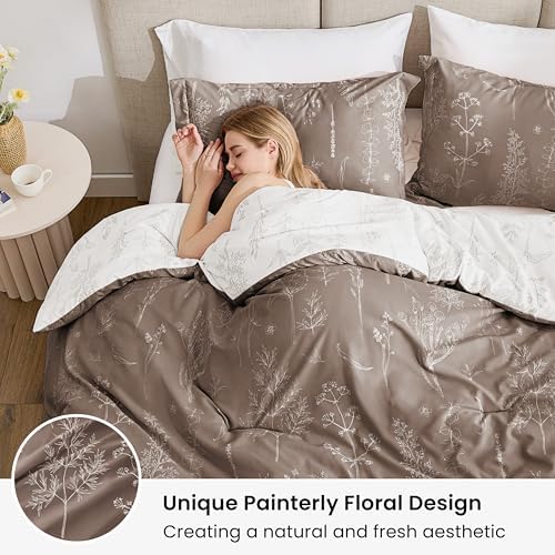Love's cabin Light Taupe Comforter Set King - King Size Comforter Set, 3 Pieces Cute Floral Bedding Sets for All Seasons,1 Soft Reversible Botanical Flowers Comforter and 2 Pillow Shams