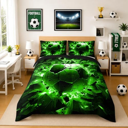 Nttopship Soccer Bedding Comforter Set Queen Size for Kids Teens and Adults, Black and Green Football Printed Bedding Sets 3 PCS,Ball Sports Themed Bedroom Decor with 1 Comforter and 2 Pillowcases