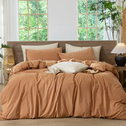 MooMee Striped Duvet Cover Set 100% Washed Cotton Linen Like King